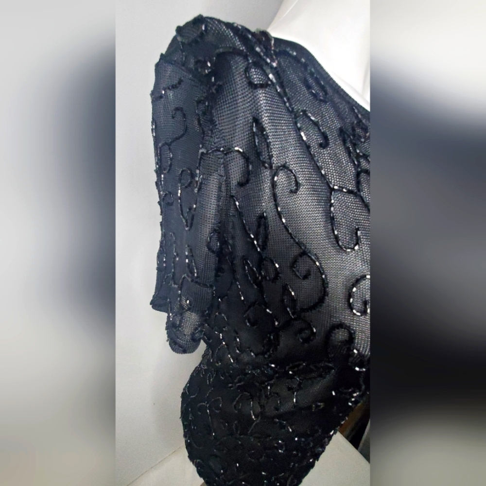 Oscar de la Renta Black Embellished Short Sleeve Top - Knit  Beaded - Picture 5 of 10